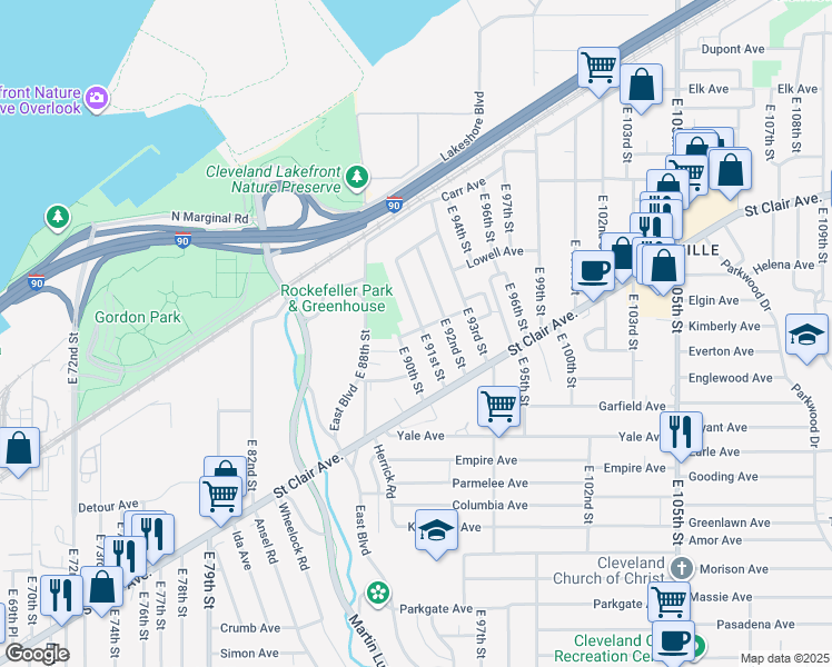 map of restaurants, bars, coffee shops, grocery stores, and more near 726 E 91st St in Cleveland