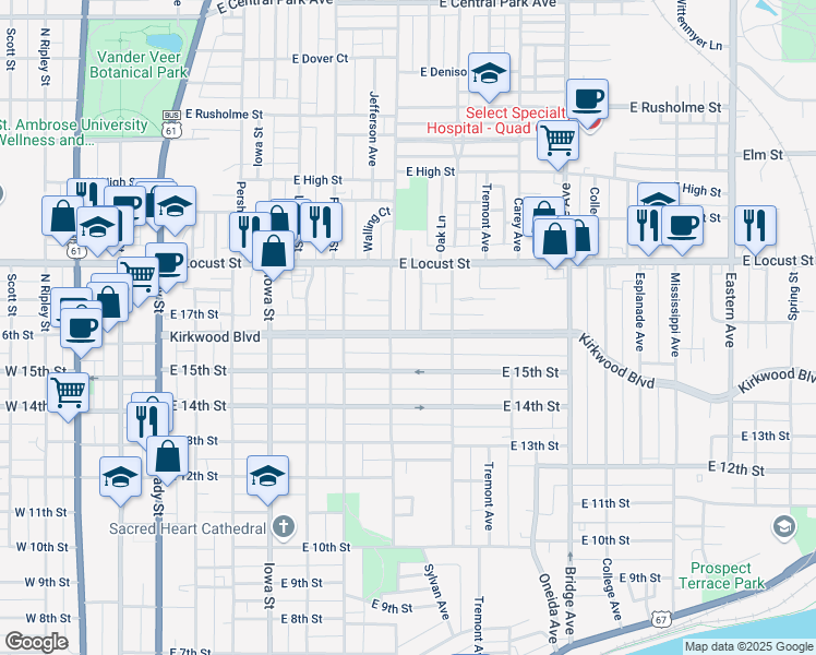 map of restaurants, bars, coffee shops, grocery stores, and more near 714 Kirkwood Boulevard in Davenport