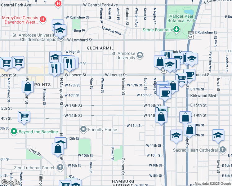 map of restaurants, bars, coffee shops, grocery stores, and more near 722 West 16th Street in Davenport