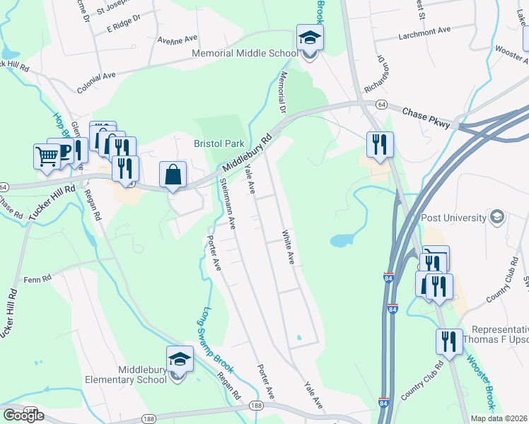 map of restaurants, bars, coffee shops, grocery stores, and more near 95 White Avenue in Middlebury