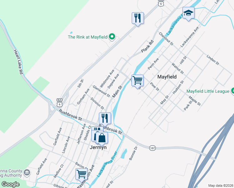 map of restaurants, bars, coffee shops, grocery stores, and more near 316 Main Street in Mayfield