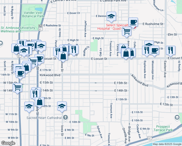 map of restaurants, bars, coffee shops, grocery stores, and more near 702 Kirkwood Boulevard in Davenport