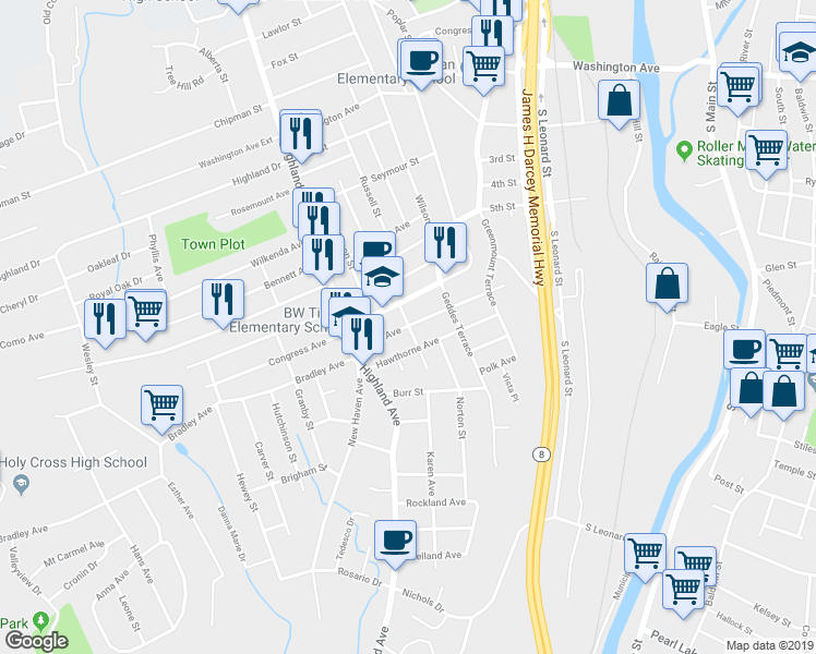 map of restaurants, bars, coffee shops, grocery stores, and more near Avon Avenue & Ross Street in Waterbury