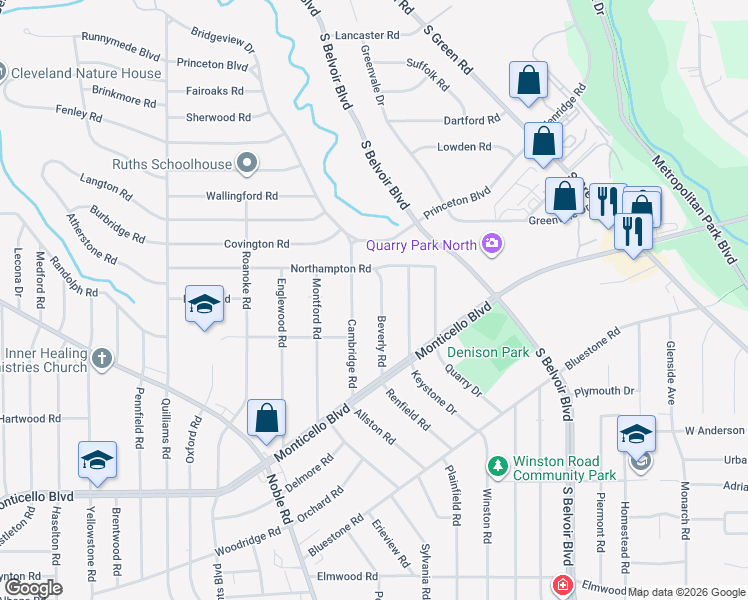 map of restaurants, bars, coffee shops, grocery stores, and more near 876 Beverly Road in Cleveland Heights