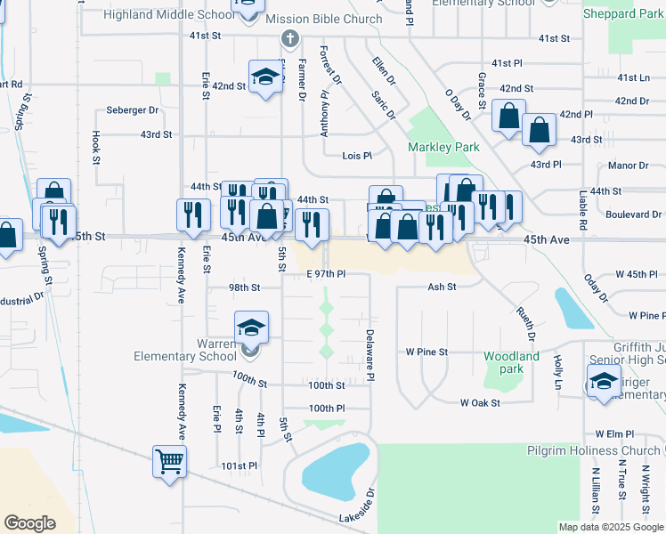 map of restaurants, bars, coffee shops, grocery stores, and more near 3051 East 97th Place in Highland