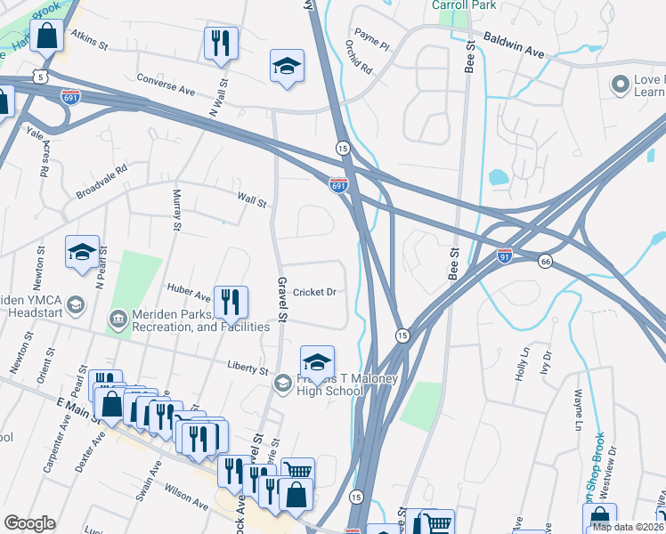 map of restaurants, bars, coffee shops, grocery stores, and more near 77a Sunbright Drive North in Meriden