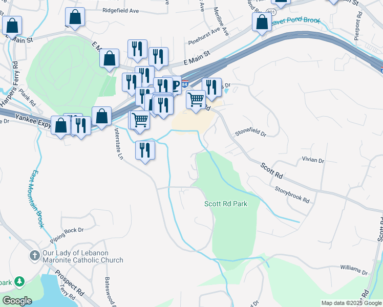 map of restaurants, bars, coffee shops, grocery stores, and more near 180 Scott Road in Waterbury
