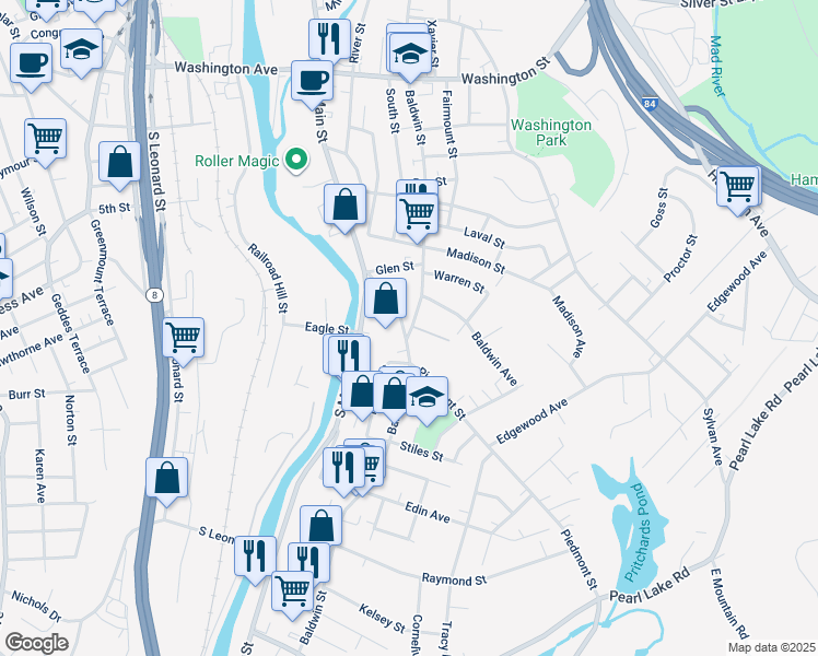 map of restaurants, bars, coffee shops, grocery stores, and more near 1177 Baldwin Street in Waterbury