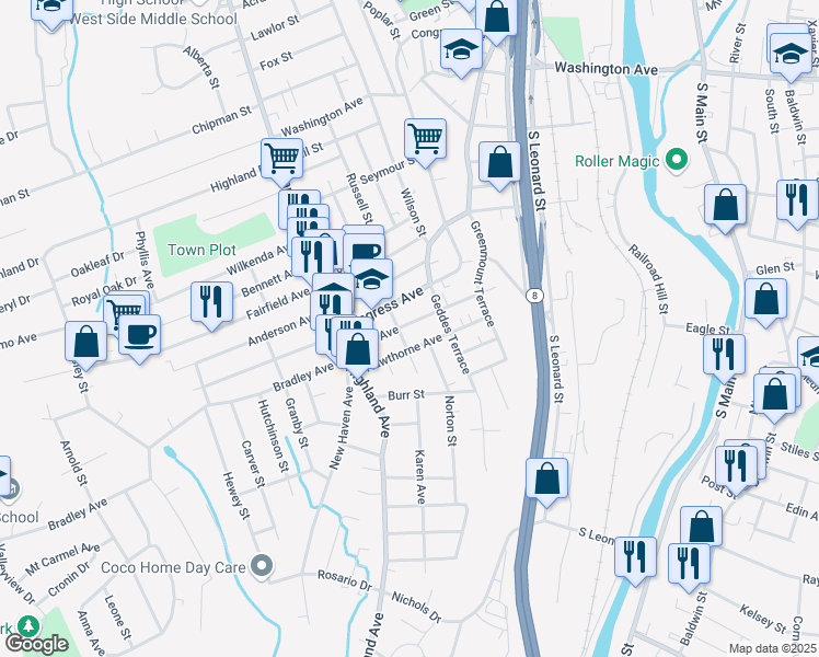 map of restaurants, bars, coffee shops, grocery stores, and more near 67 Avon Avenue in Waterbury