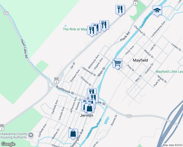 map of restaurants, bars, coffee shops, grocery stores, and more near 300 Depew Avenue in Mayfield