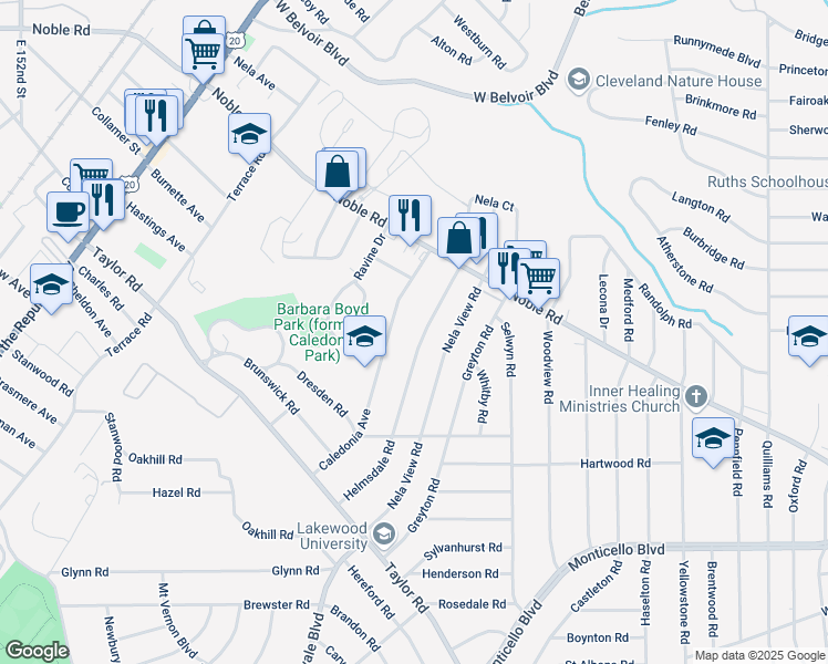 map of restaurants, bars, coffee shops, grocery stores, and more near 867 Helmsdale Road in Cleveland Heights