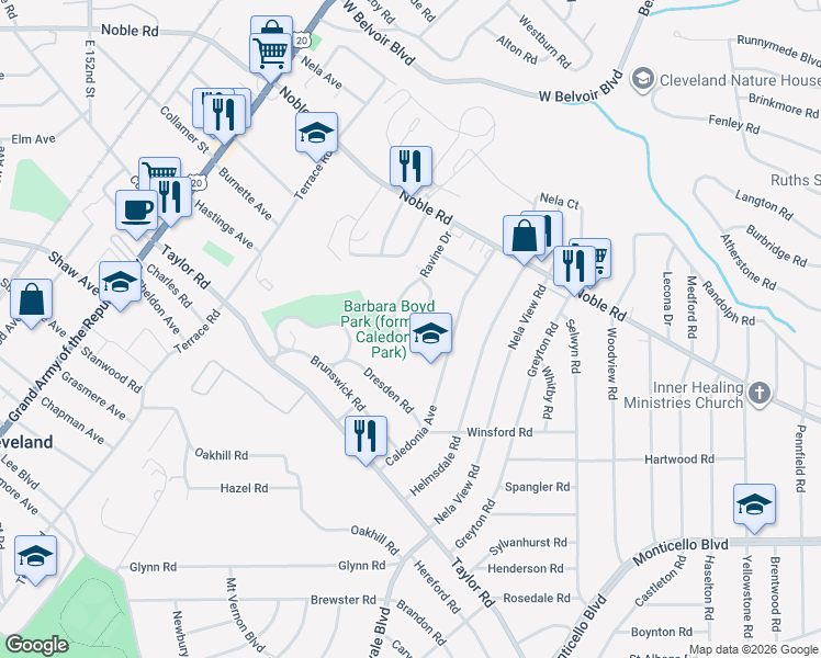 map of restaurants, bars, coffee shops, grocery stores, and more near 889 Eloise Drive in Cleveland Heights