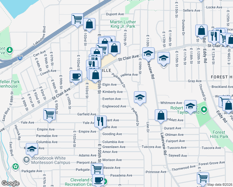 map of restaurants, bars, coffee shops, grocery stores, and more near 10618 Kimberly Avenue in Cleveland