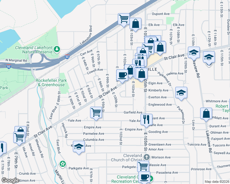 map of restaurants, bars, coffee shops, grocery stores, and more near 10014 Saint Clair Avenue in Cleveland