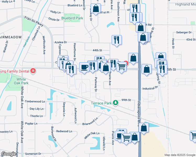 map of restaurants, bars, coffee shops, grocery stores, and more near 9764-9998 Parkway Drive in Highland