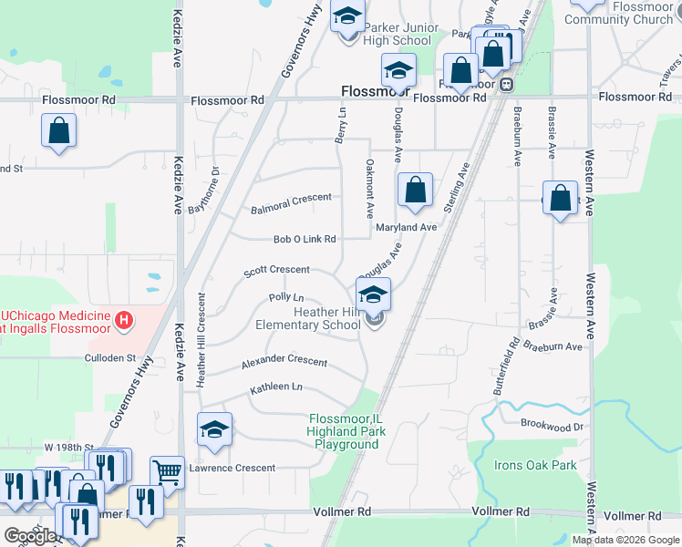 map of restaurants, bars, coffee shops, grocery stores, and more near 1421 Berry Lane in Flossmoor