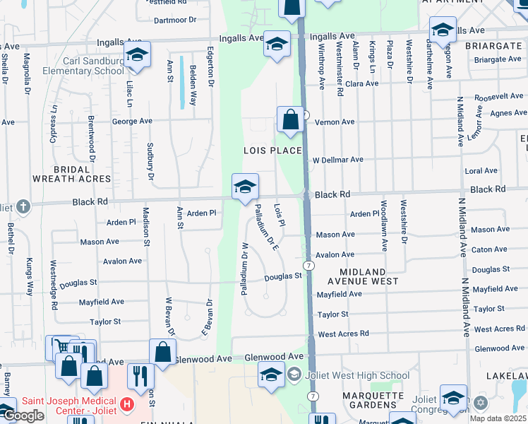map of restaurants, bars, coffee shops, grocery stores, and more near 722 Palladium Drive East in Joliet