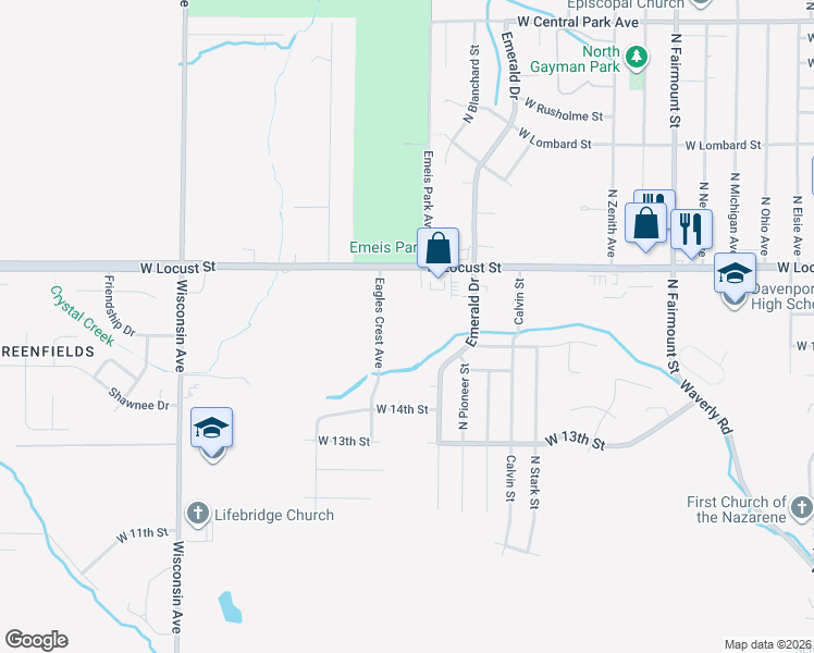 map of restaurants, bars, coffee shops, grocery stores, and more near 1701 Eagles Crest Avenue in Davenport