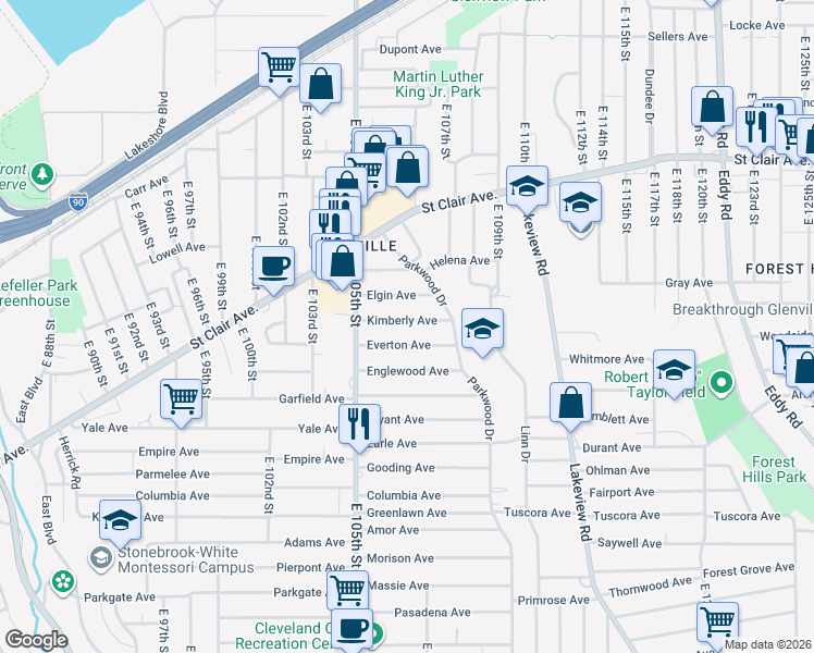map of restaurants, bars, coffee shops, grocery stores, and more near 10618 Kimberly Avenue in Cleveland
