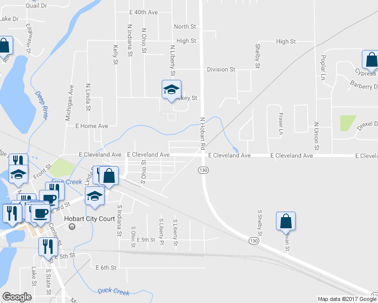 map of restaurants, bars, coffee shops, grocery stores, and more near 1328 East Cleveland Avenue in Hobart