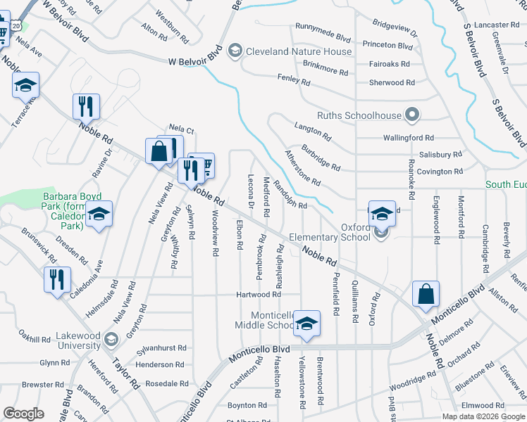 map of restaurants, bars, coffee shops, grocery stores, and more near 888 Medford Road in Cleveland Heights