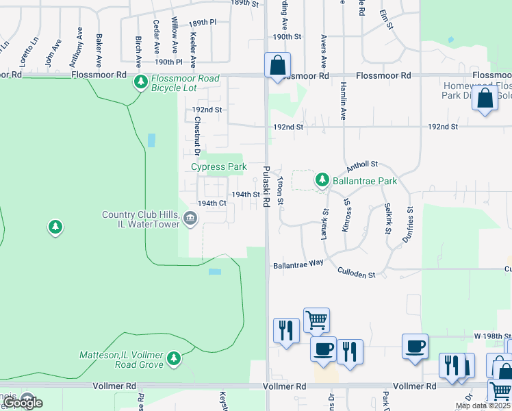map of restaurants, bars, coffee shops, grocery stores, and more near 19410 Oakwood Avenue in Country Club Hills