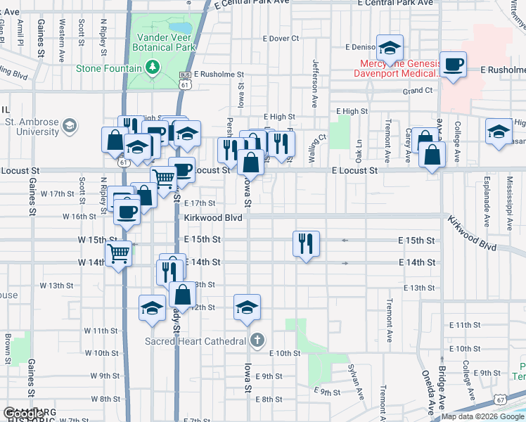 map of restaurants, bars, coffee shops, grocery stores, and more near 420 Kirkwood Boulevard in Davenport