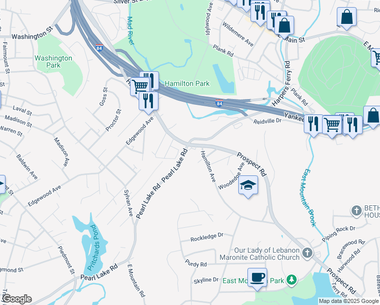 map of restaurants, bars, coffee shops, grocery stores, and more near 1030 Hamilton Avenue in Waterbury