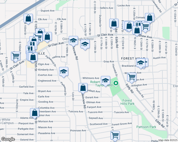 map of restaurants, bars, coffee shops, grocery stores, and more near 11307 Parklawn Drive in Cleveland