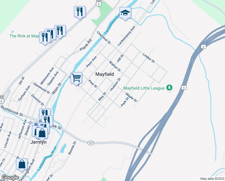 map of restaurants, bars, coffee shops, grocery stores, and more near 615 May Street in Mayfield