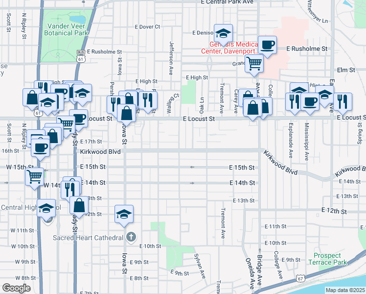 map of restaurants, bars, coffee shops, grocery stores, and more near 702 Kirkwood Boulevard in Davenport