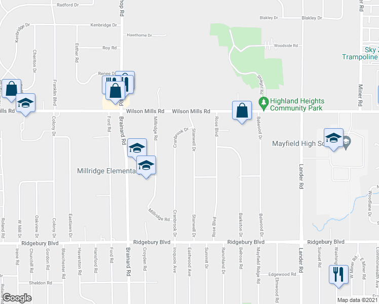 map of restaurants, bars, coffee shops, grocery stores, and more near 880 Stanwell Drive in Highland Heights