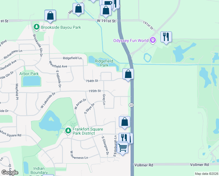 map of restaurants, bars, coffee shops, grocery stores, and more near 7304 195th Street in Frankfort