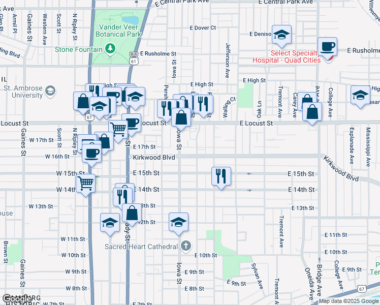 map of restaurants, bars, coffee shops, grocery stores, and more near 426 Kirkwood Boulevard in Davenport