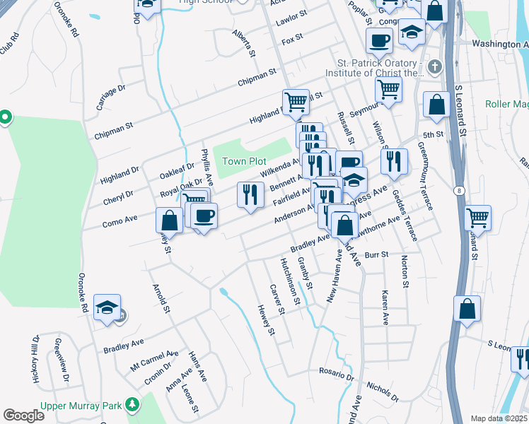 map of restaurants, bars, coffee shops, grocery stores, and more near 135 Fairfield Avenue in Waterbury