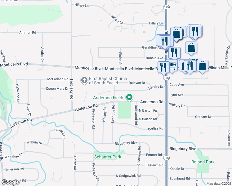 map of restaurants, bars, coffee shops, grocery stores, and more near 4878 Hartley Drive in Lyndhurst
