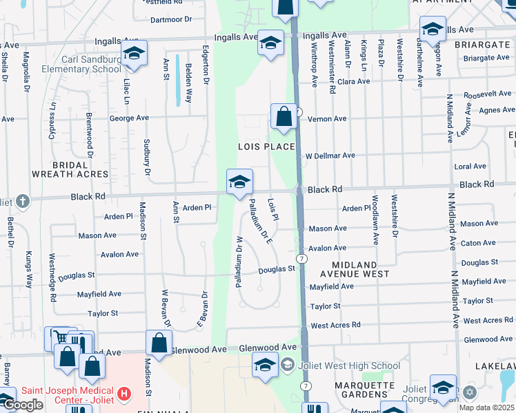 map of restaurants, bars, coffee shops, grocery stores, and more near 722 Palladium Drive East in Joliet