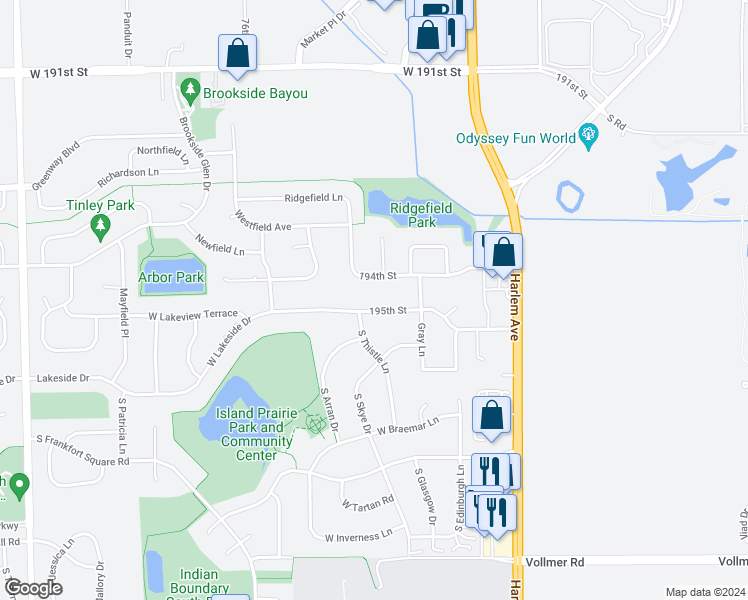 map of restaurants, bars, coffee shops, grocery stores, and more near 7350 West Lakeside Drive in Frankfort