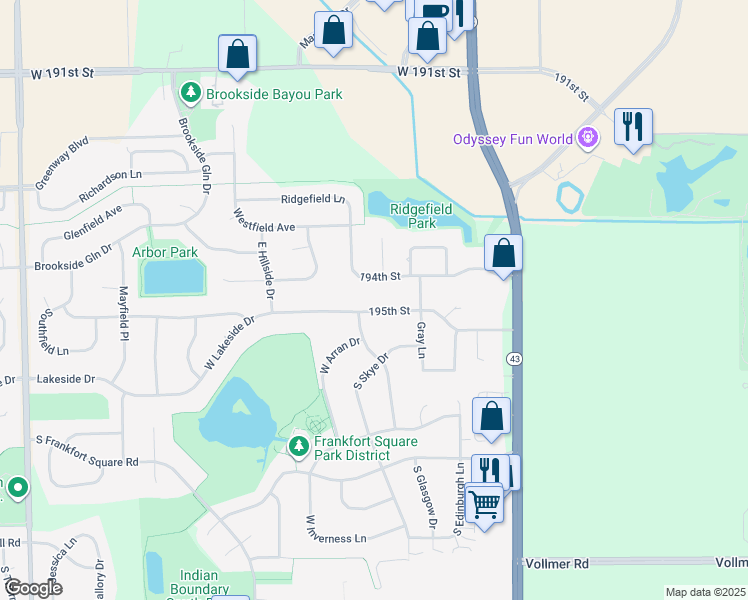 map of restaurants, bars, coffee shops, grocery stores, and more near 7350 West Lakeside Drive in Frankfort