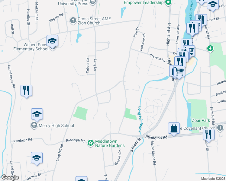 map of restaurants, bars, coffee shops, grocery stores, and more near 115 Long Hill Road in Middletown