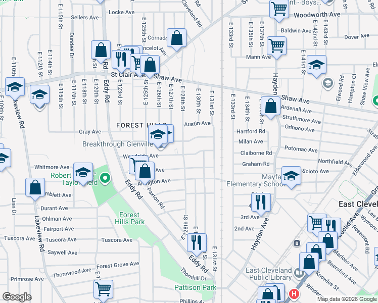 map of restaurants, bars, coffee shops, grocery stores, and more near 12811 Woodside Avenue in Cleveland