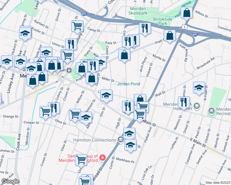 map of restaurants, bars, coffee shops, grocery stores, and more near 86 Liberty Street in Meriden