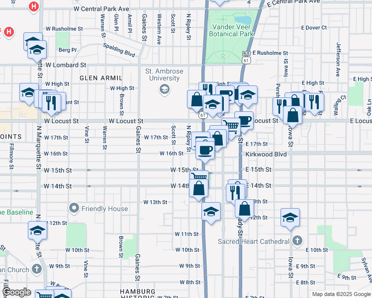 map of restaurants, bars, coffee shops, grocery stores, and more near 404 West 16th Street in Davenport