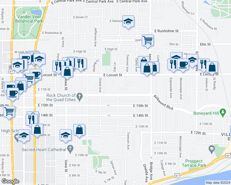 map of restaurants, bars, coffee shops, grocery stores, and more near 1604 Arlington Avenue in Davenport