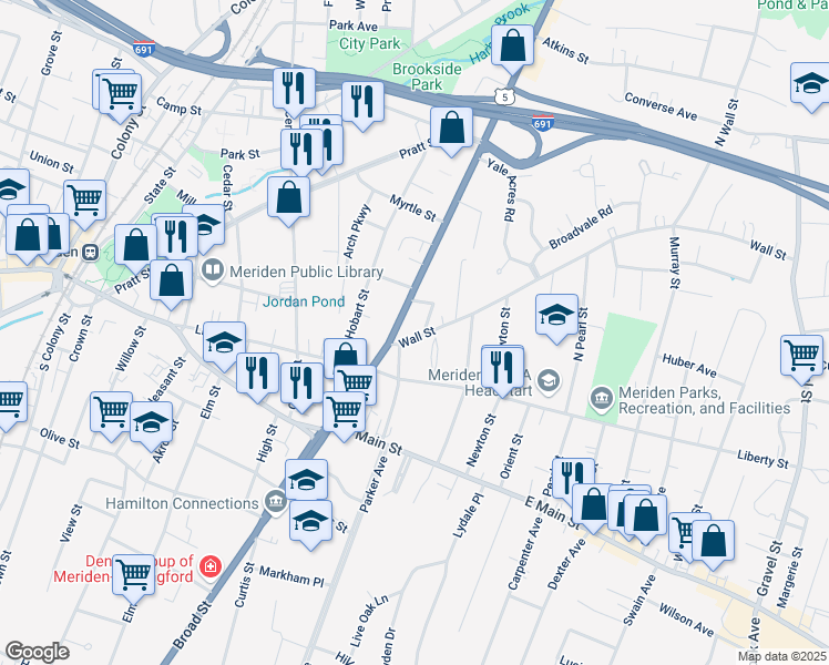 map of restaurants, bars, coffee shops, grocery stores, and more near 28 Wall Street in Meriden