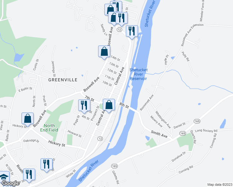 map of restaurants, bars, coffee shops, grocery stores, and more near 9 9th Street in Norwich