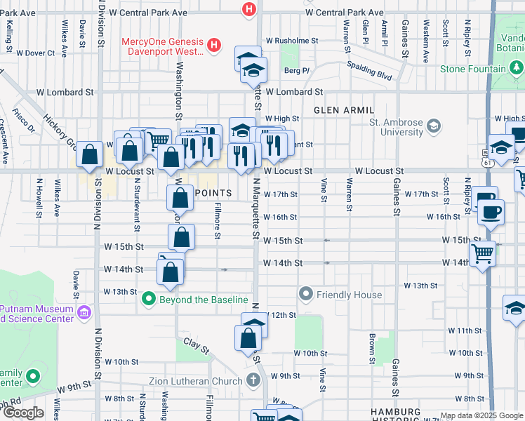 map of restaurants, bars, coffee shops, grocery stores, and more near 1605 North Marquette Street in Davenport