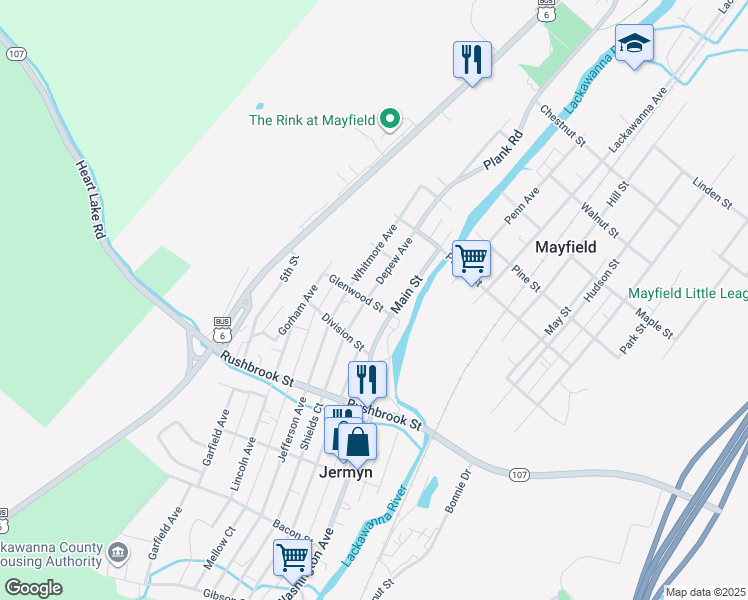 map of restaurants, bars, coffee shops, grocery stores, and more near 300 Depew Avenue in Mayfield