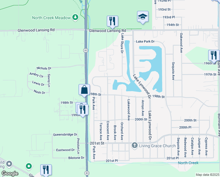 map of restaurants, bars, coffee shops, grocery stores, and more near 19725 Crescent Avenue in Lynwood
