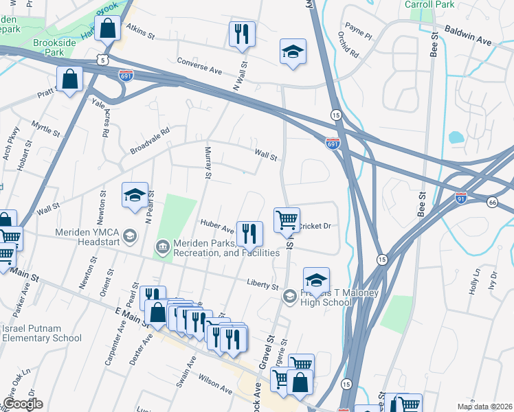 map of restaurants, bars, coffee shops, grocery stores, and more near 256 Williams Street in Meriden